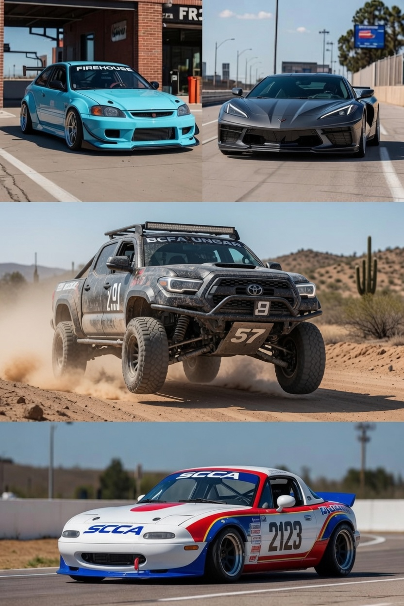 A range of Velox community builds — a track-prepped JDM coupe, a grey-on-grey supercar, an off-road race truck, and an SCCA-liveried race car, all on track.